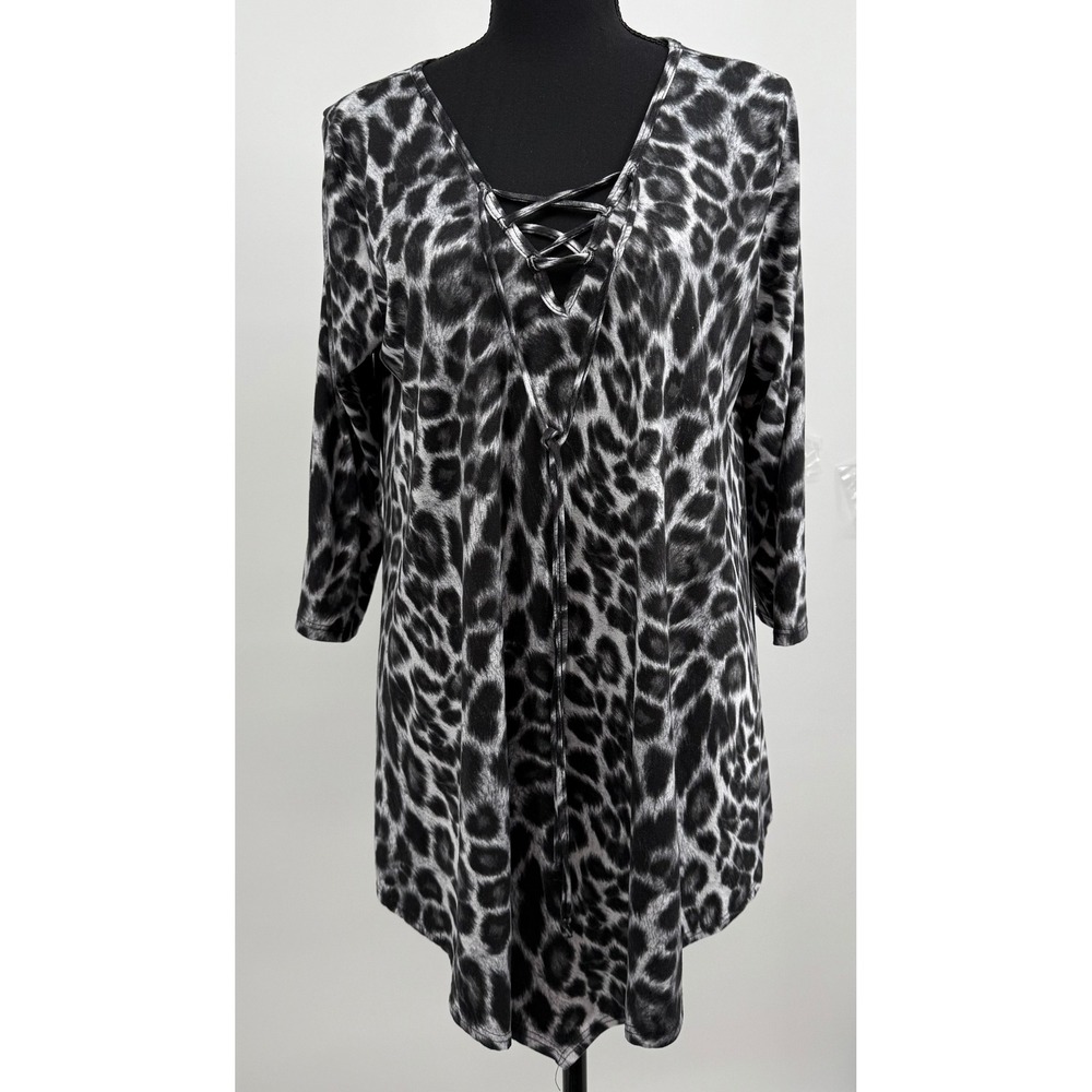 C'EST Lavie Animal Print Women Asymmetrical Tunic Sz L Boho Artsy Mobwife Office